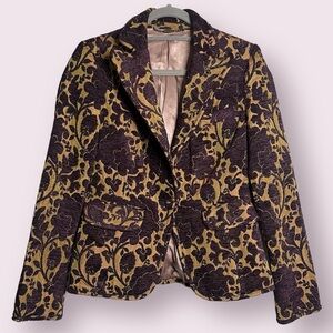 7 For All Mankind Flocked Velvet Brocade Jacquard Purple and Gold Blazer